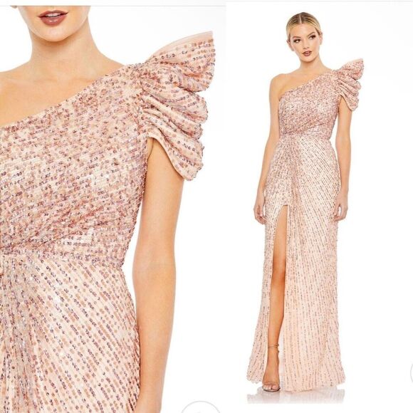 Mac Duggal One Shoulder Puff Rose Gold Sequin Evening Gown Dress Sz 8 NWT - Picture 1 of 10